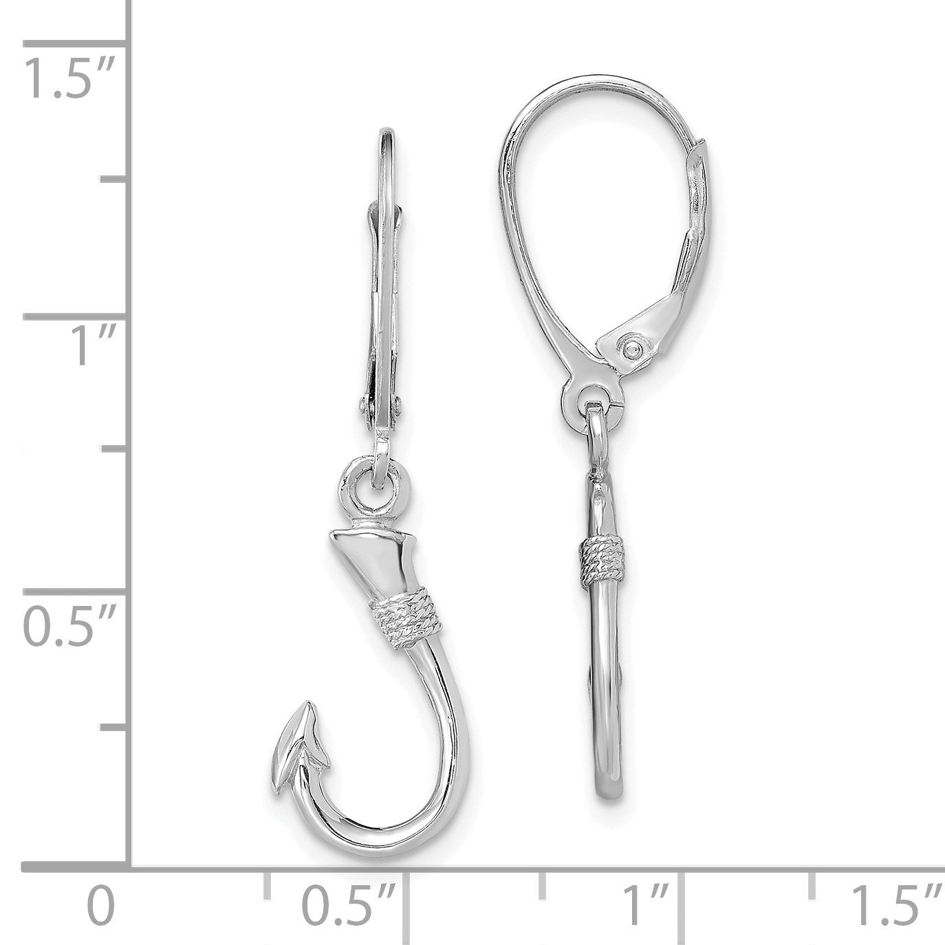 14K White Gold 3-D Fish Hook Dangle Leverback Earrings