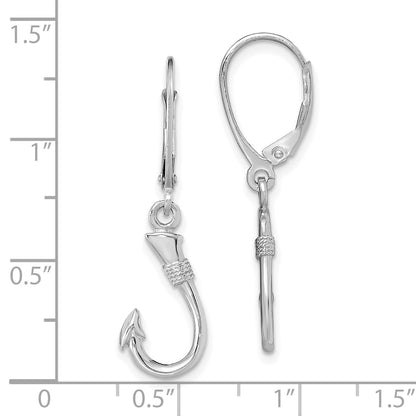 14K White Gold 3-D Fish Hook Dangle Leverback Earrings