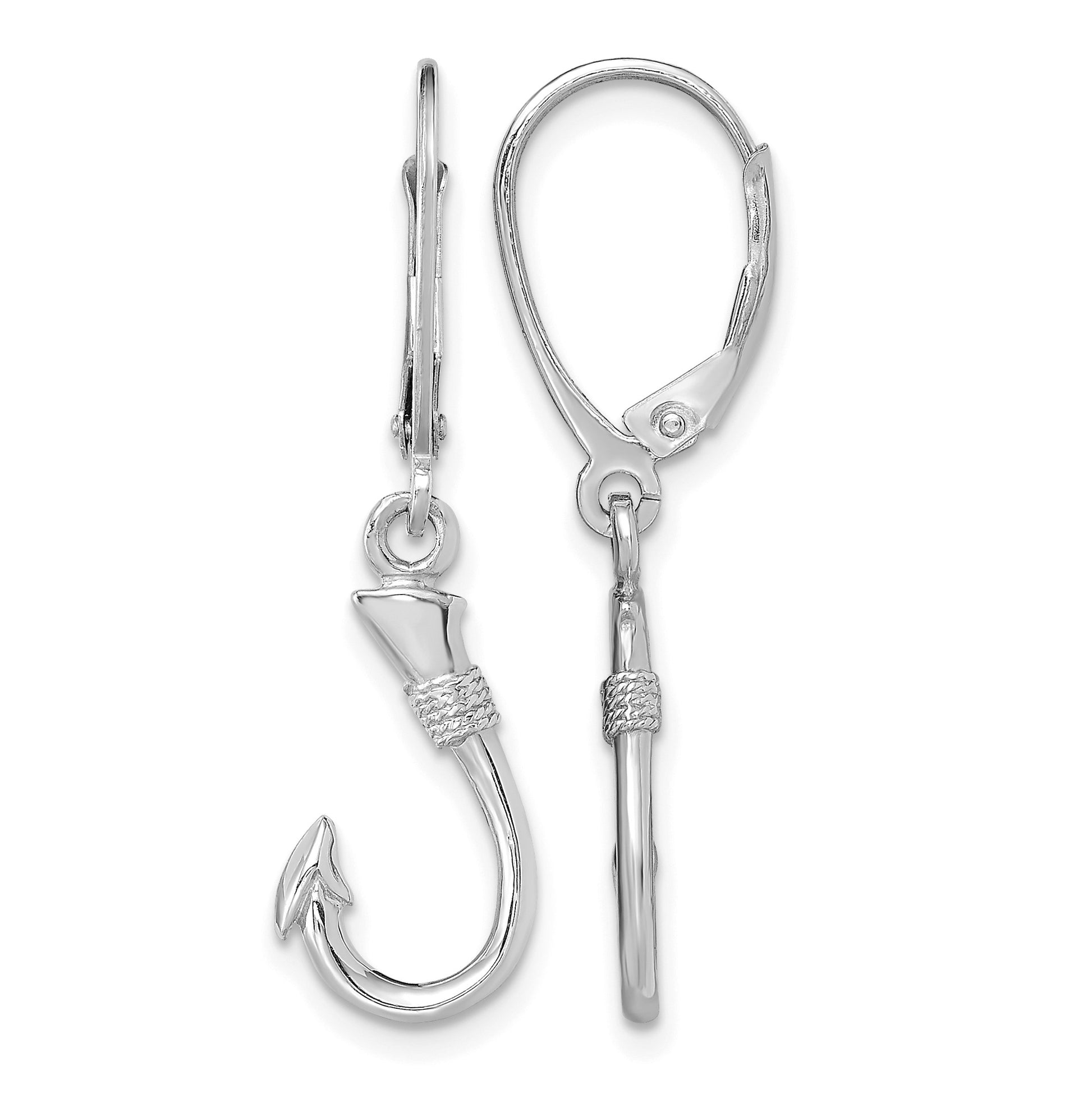 14K White Gold 3-D Fish Hook Dangle Leverback Earrings