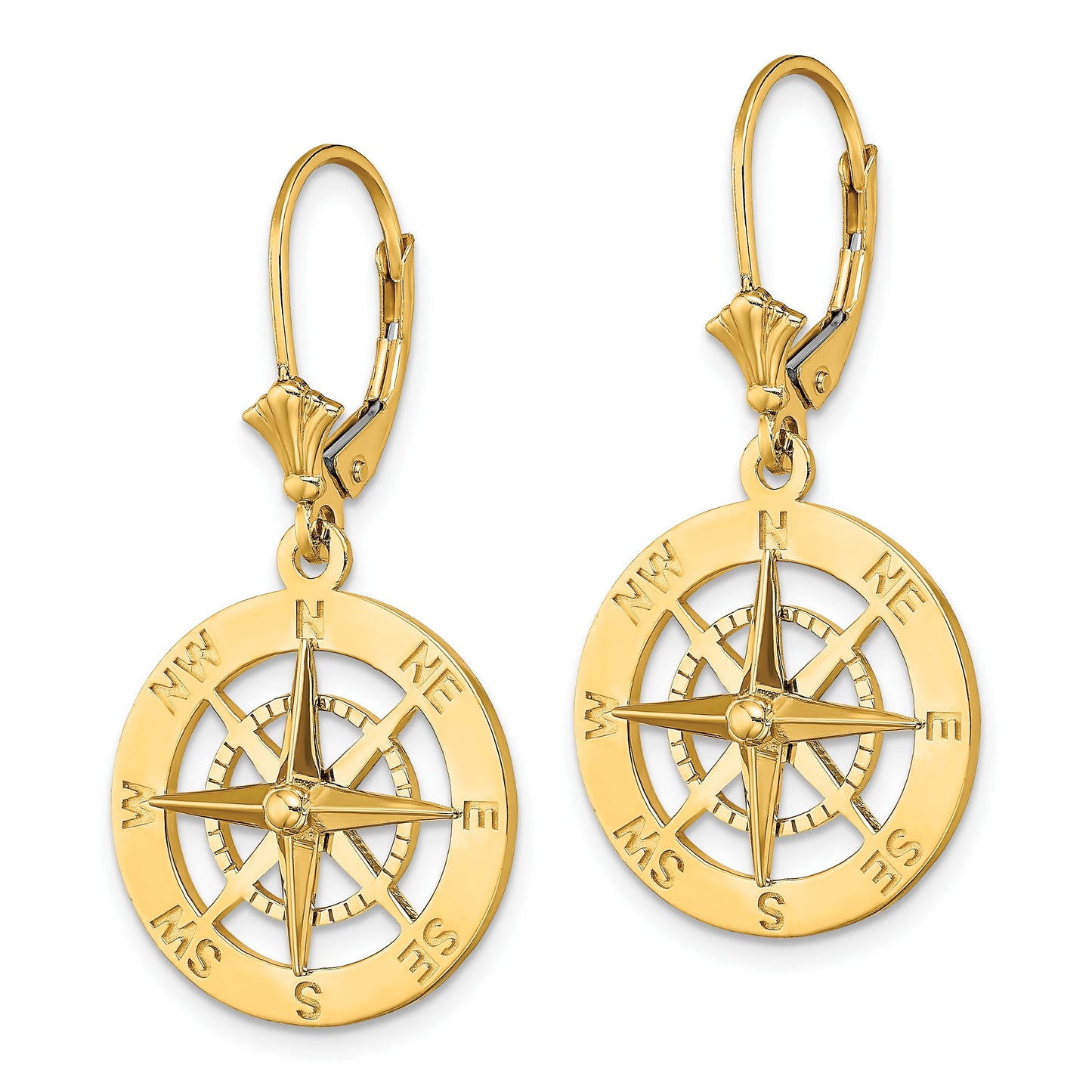 14K Nautical Compass Dangle Leverback Earrings