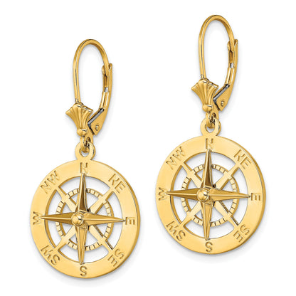 14K Nautical Compass Dangle Leverback Earrings
