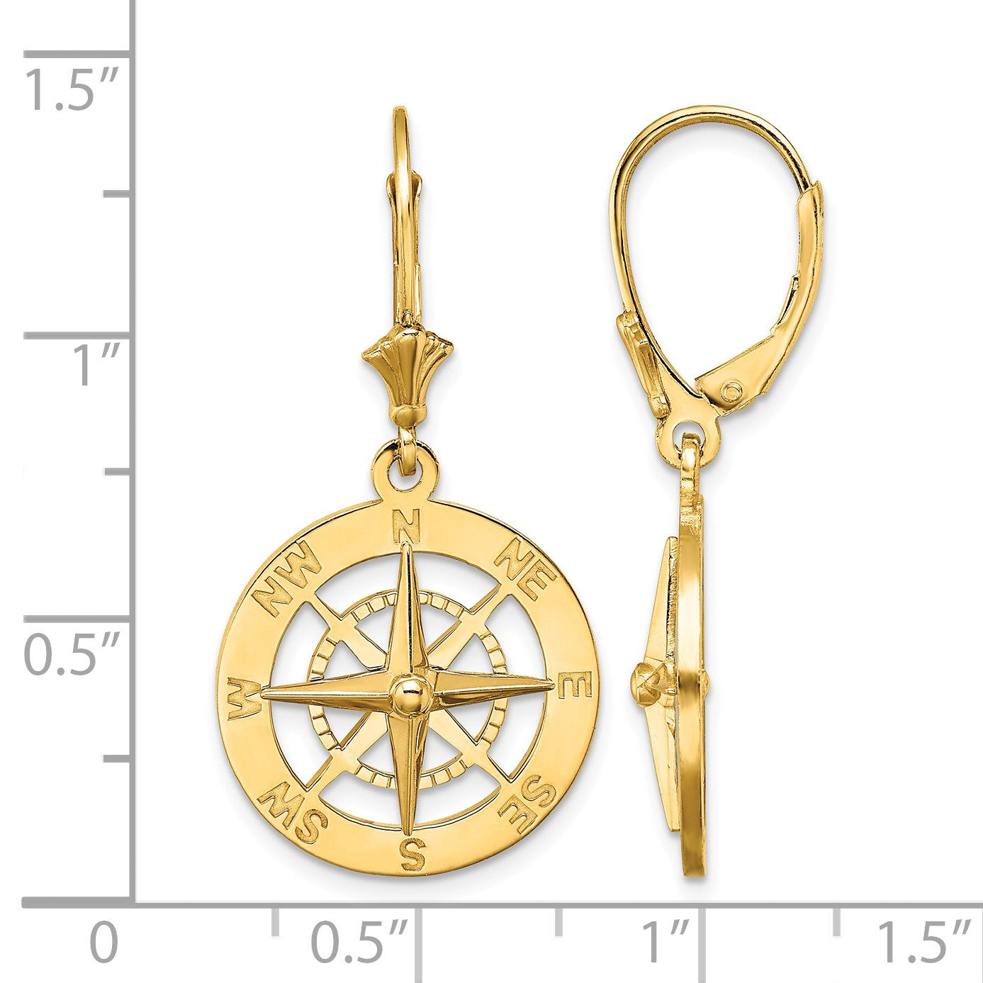 14K Nautical Compass Dangle Leverback Earrings