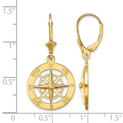 14K Nautical Compass Dangle Leverback Earrings