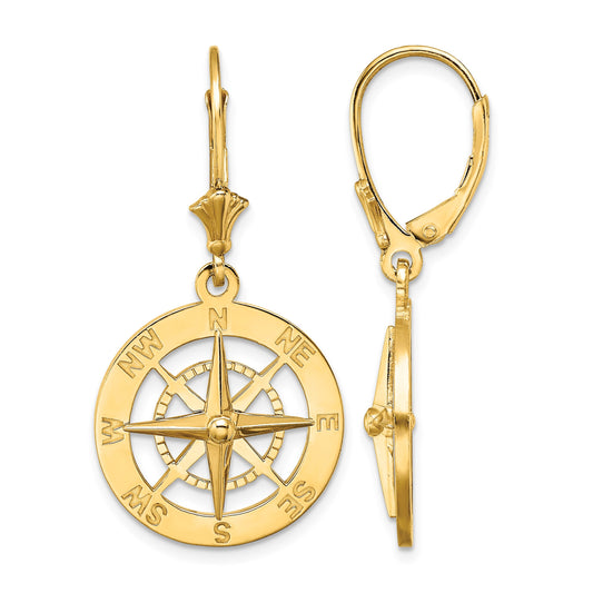 14K Nautical Compass Dangle Leverback Earrings