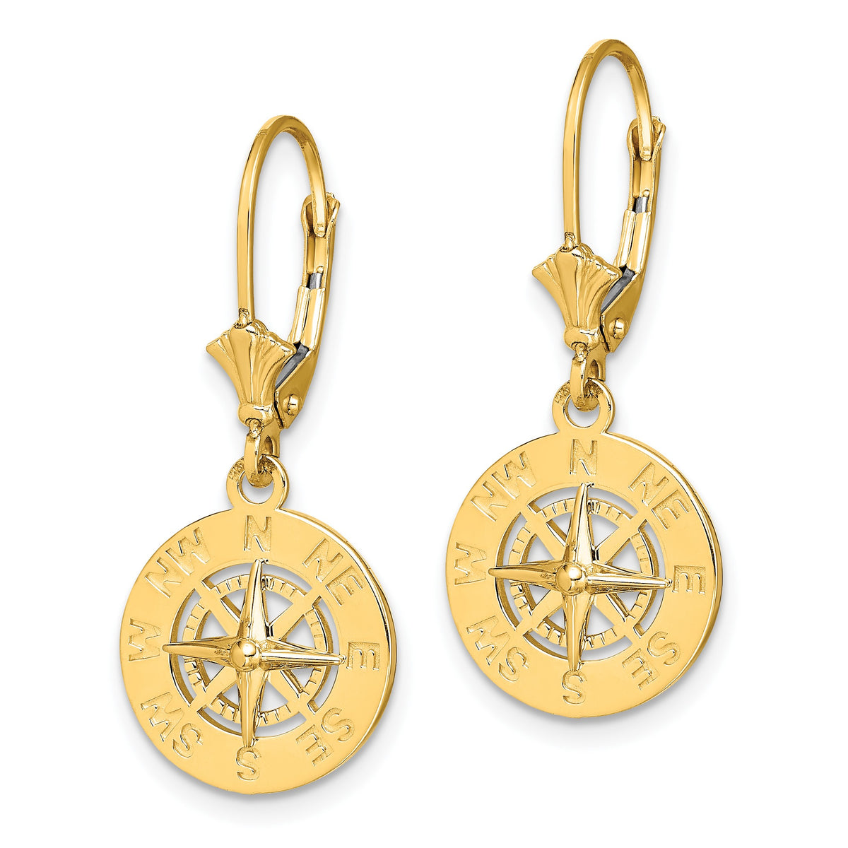 14K Mini Nautical Compass Dangle Leverback Earrings