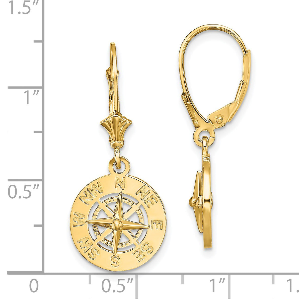 14K Mini Nautical Compass Dangle Leverback Earrings