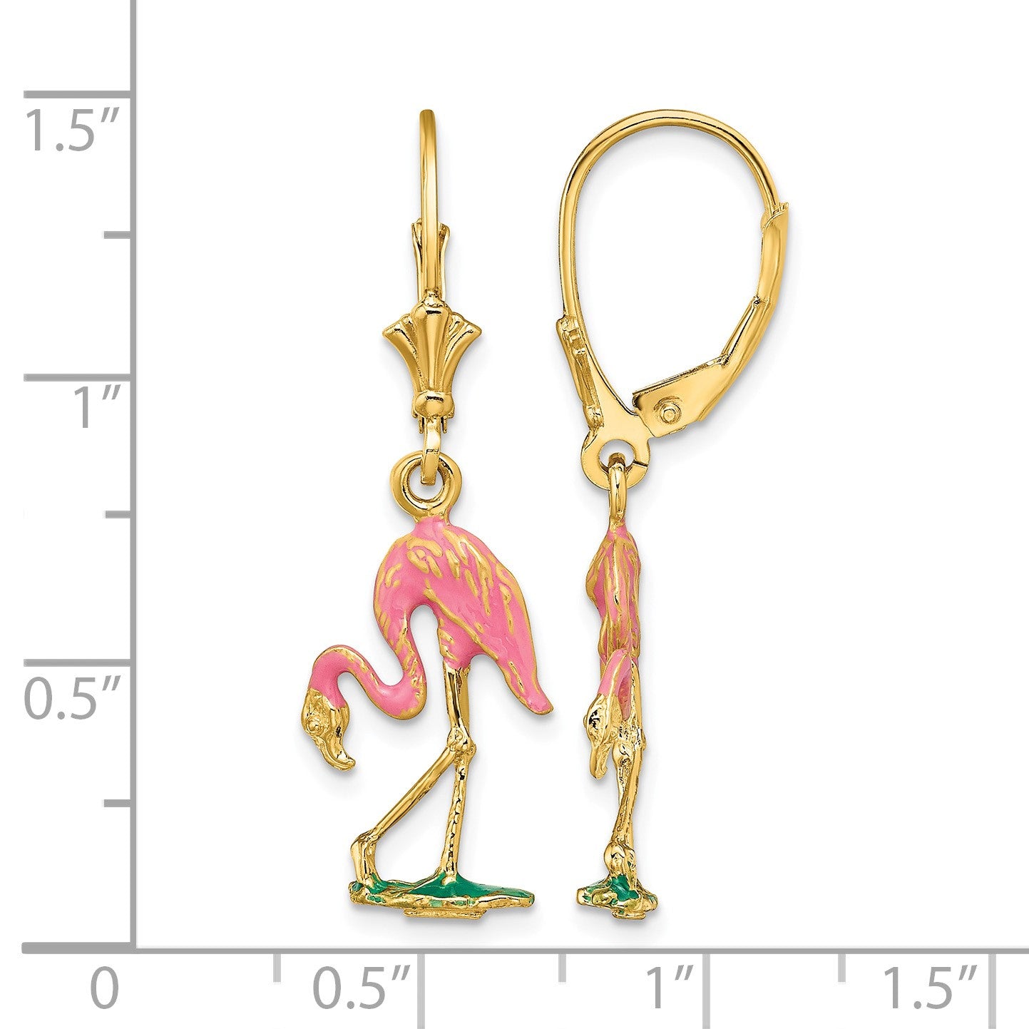 14K Pink Enamel 3-D Flamingo Dangle Leverback Earrings