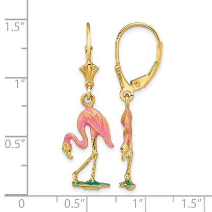 14K Pink Enamel 3-D Flamingo Dangle Leverback Earrings