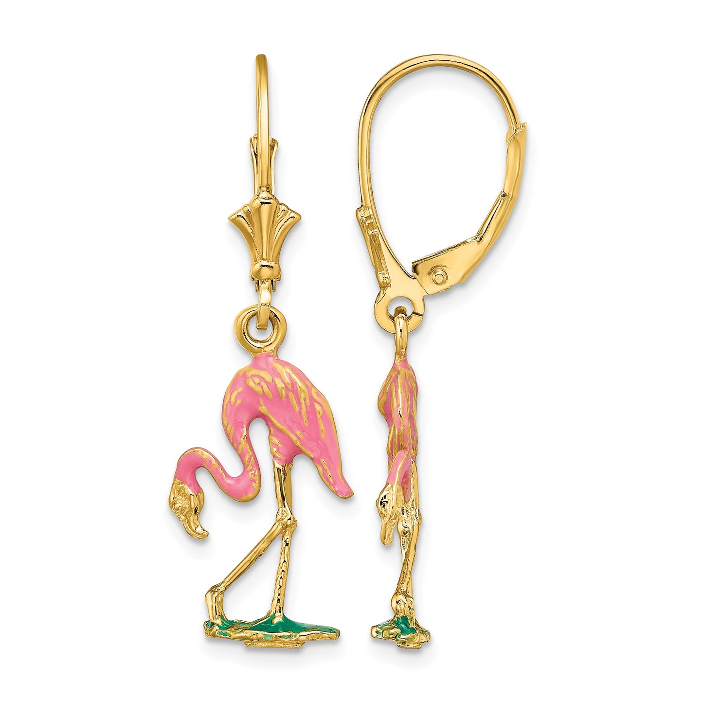 14K Pink Enamel 3-D Flamingo Dangle Leverback Earrings