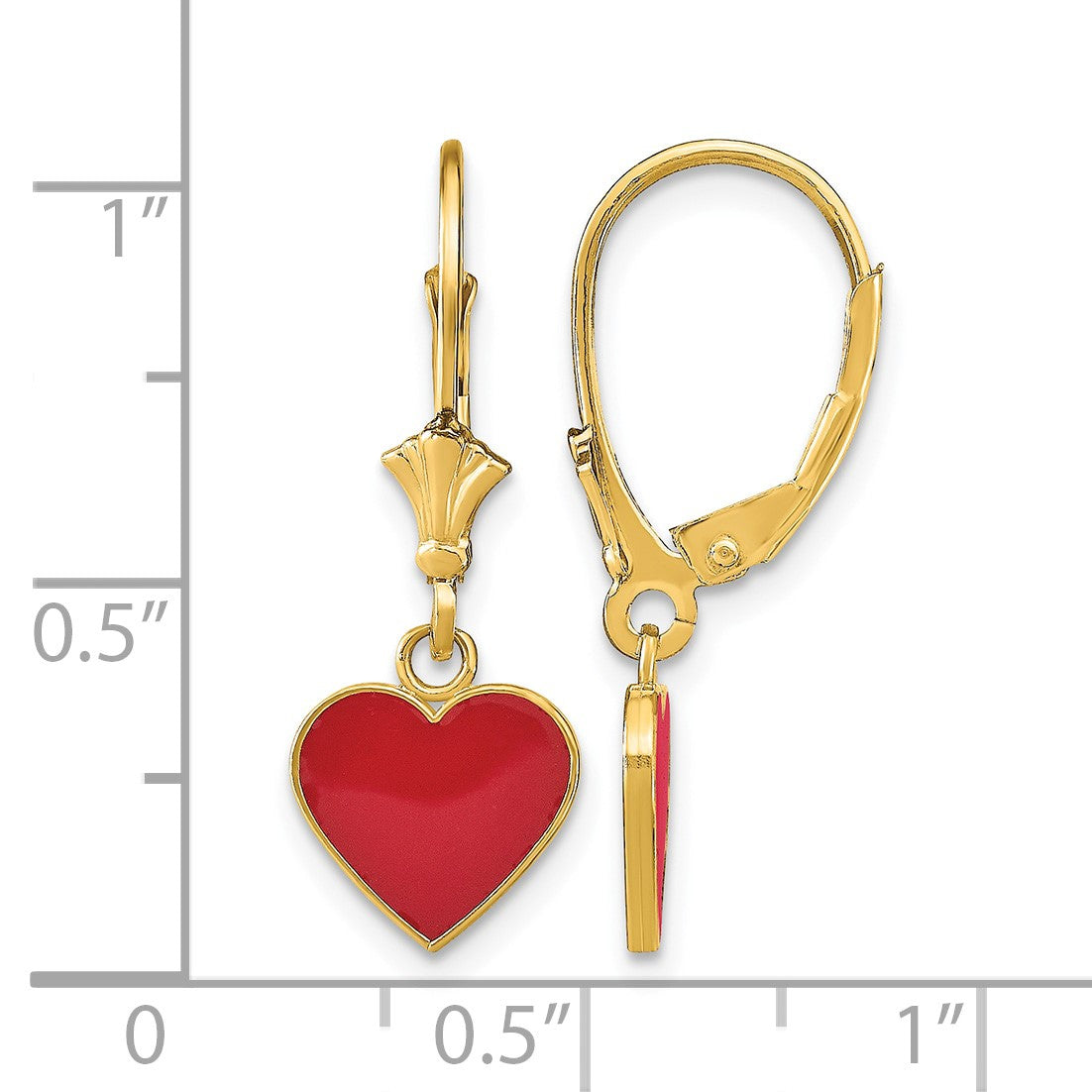 14K Polished Red Enameled Heart Dangle Leverback Earrings