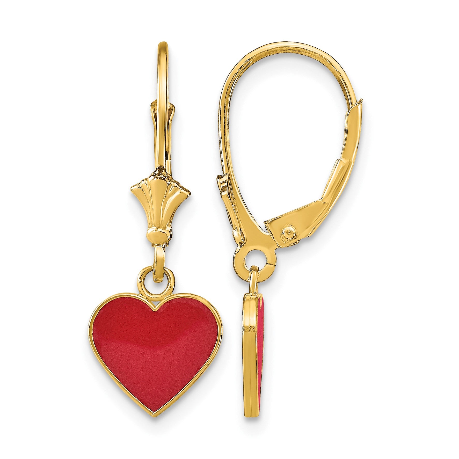 14K Polished Red Enameled Heart Dangle Leverback Earrings