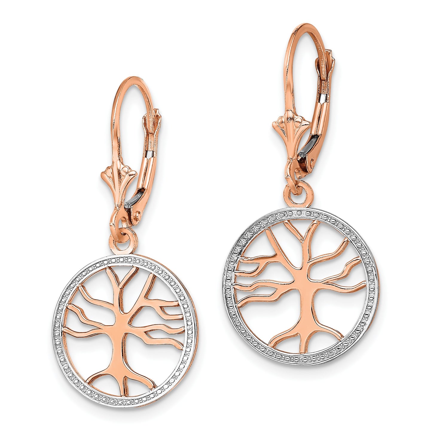 14K and White Rhodium Tree of Life in Round Frame Dangle Leverback Earrings