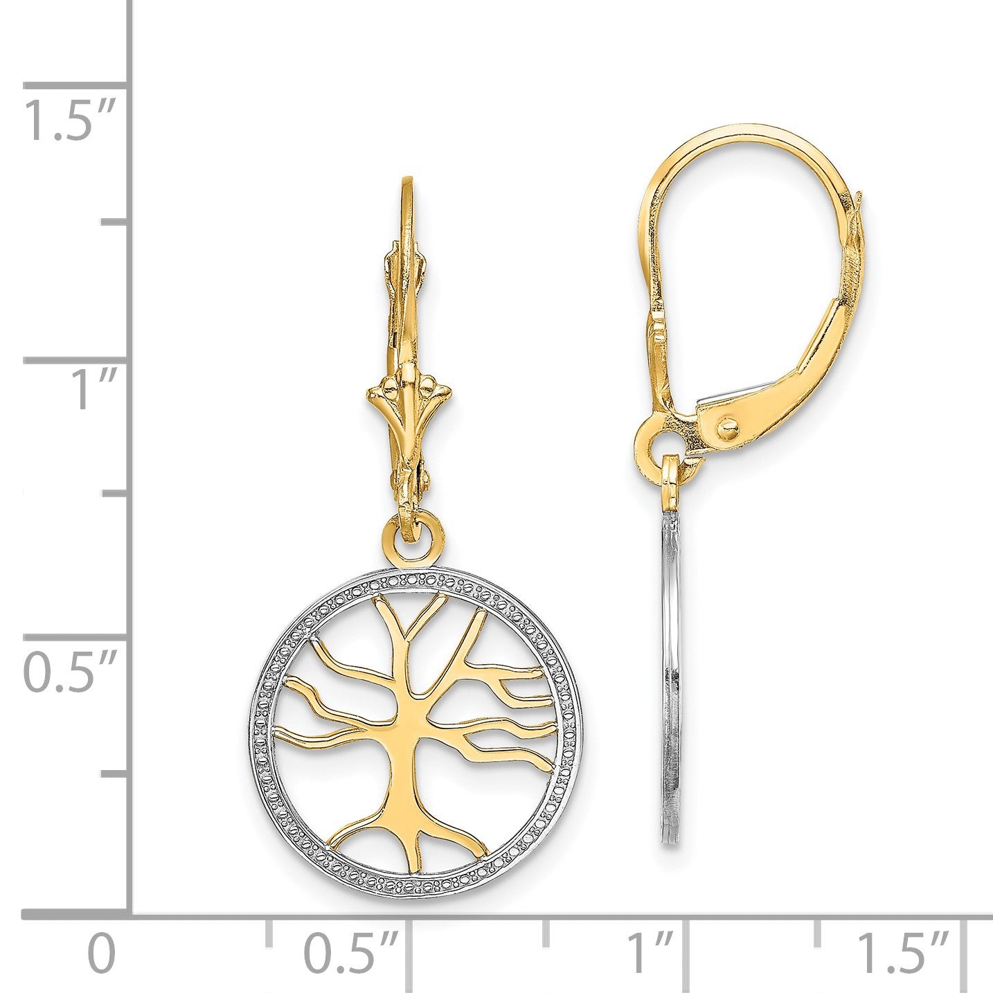 14K and White Rhodium Tree of Life in Round Frame Dangle Leverback Earrings