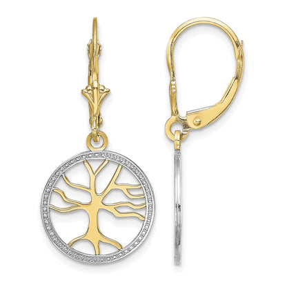 14K and White Rhodium Tree of Life in Round Frame Dangle Leverback Earrings