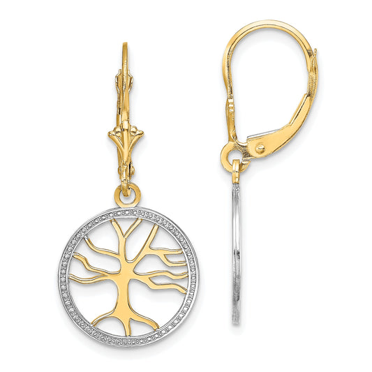 14K and White Rhodium Tree of Life in Round Frame Dangle Leverback Earrings