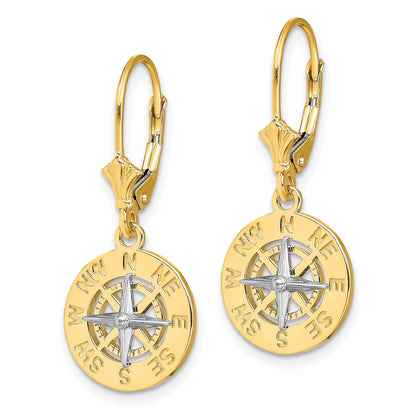 14K and White Rhodium Mini Nautical Compass Dangle Leverback Earrings