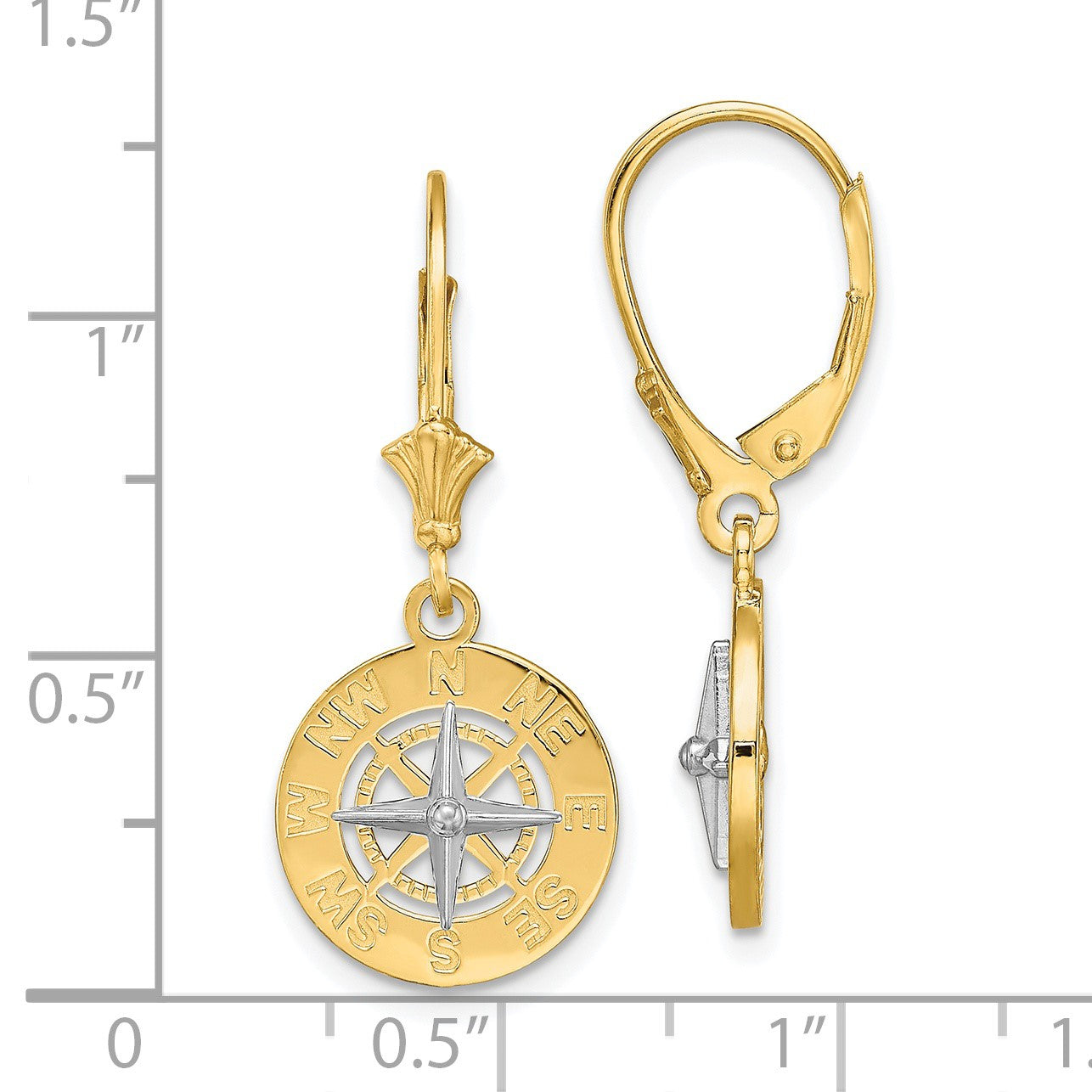 14K and White Rhodium Mini Nautical Compass Dangle Leverback Earrings