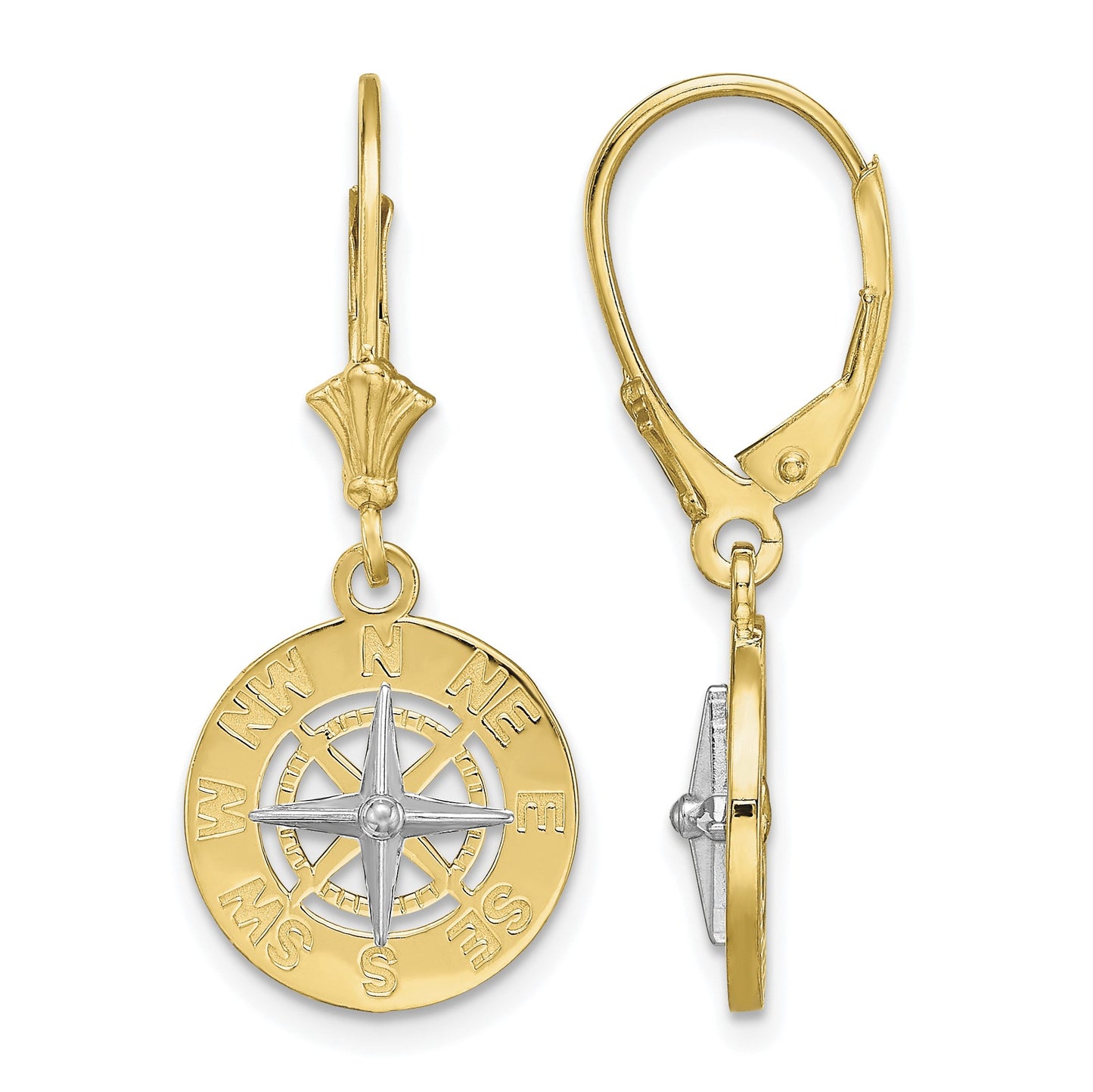 14K and White Rhodium Mini Nautical Compass Dangle Leverback Earrings