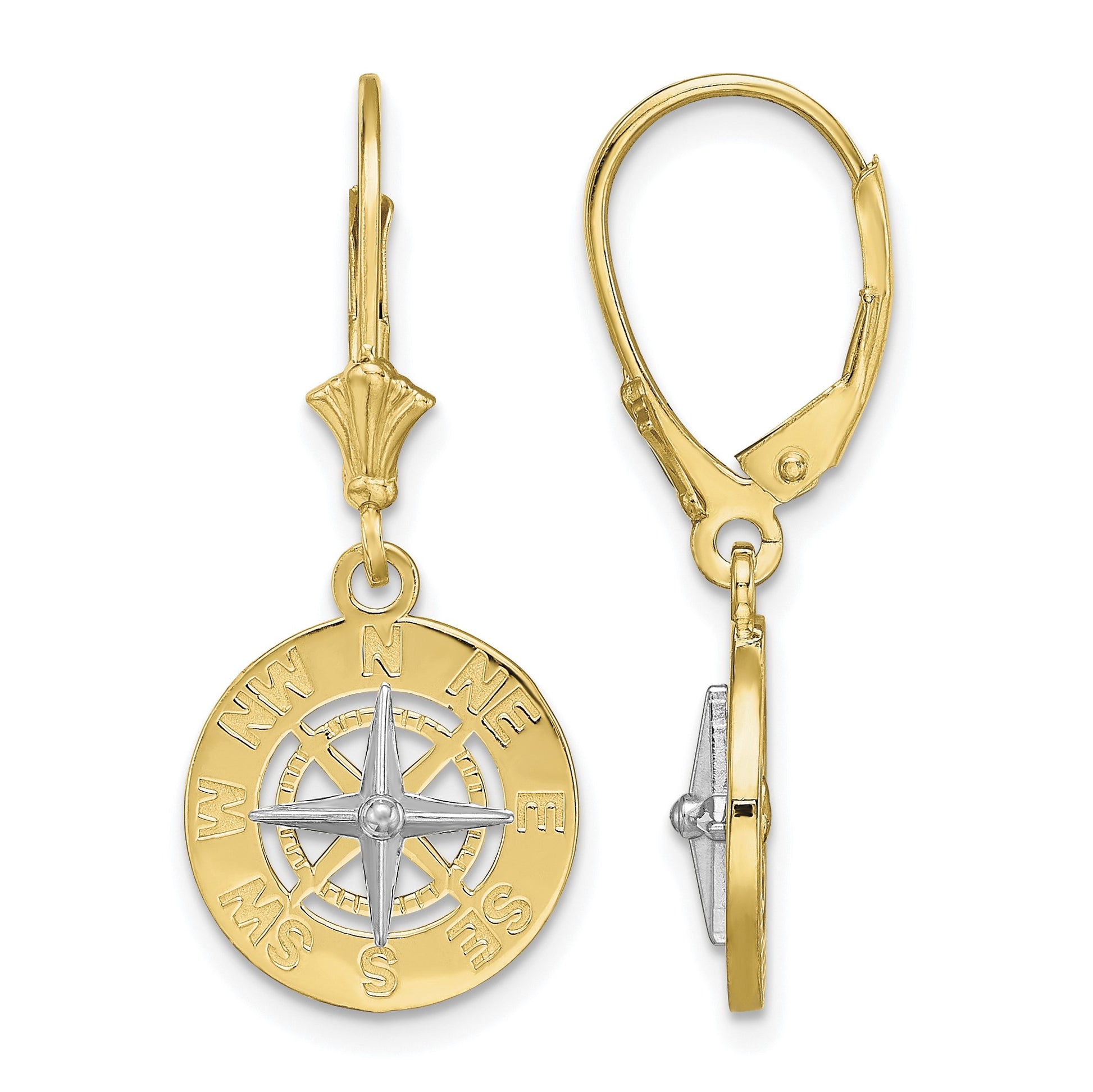 14K and White Rhodium Mini Nautical Compass Dangle Leverback Earrings