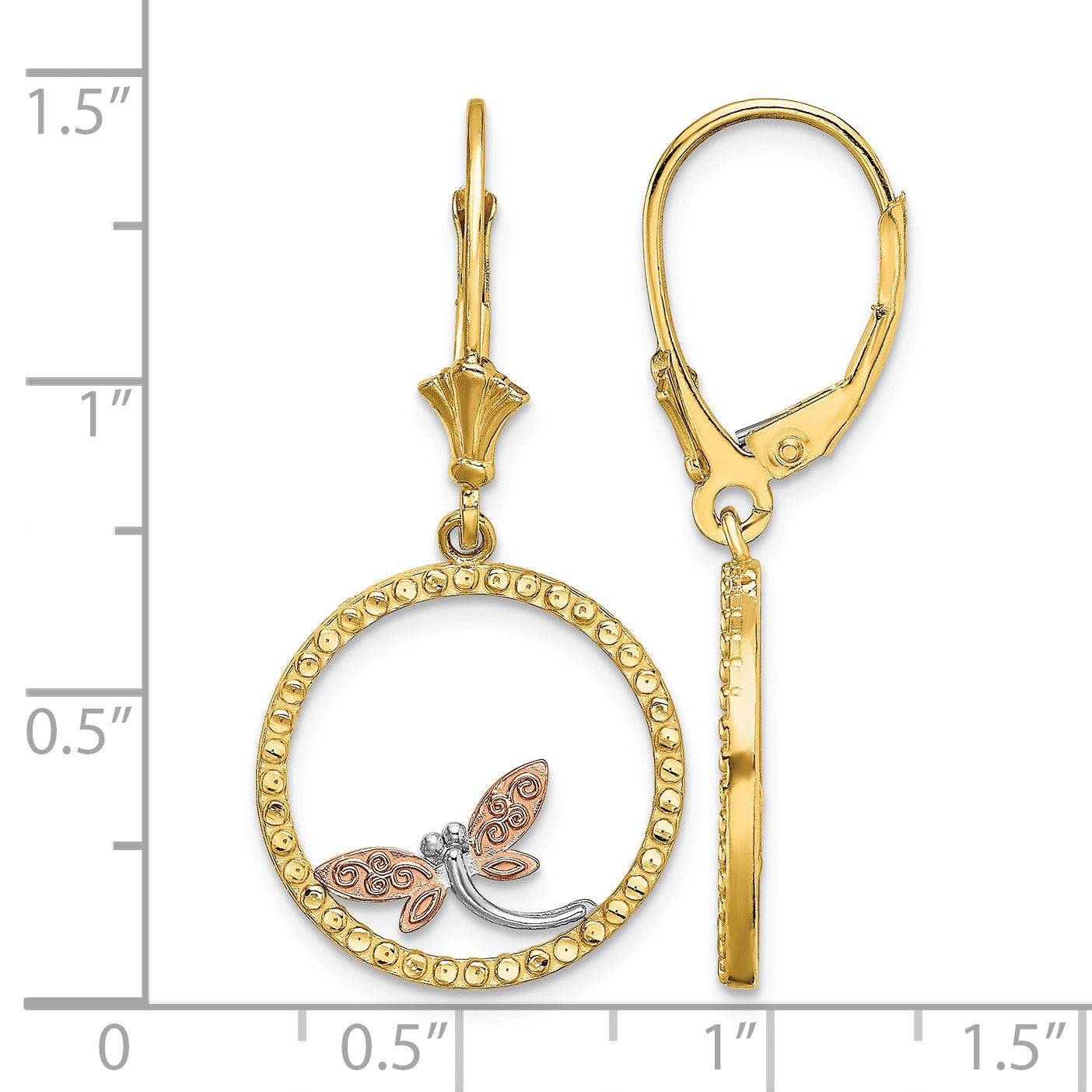 14K Two-Tone and White Rhodium Diamond-cut Dragonfly in Circle Leverback Earrings