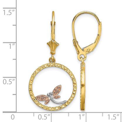 14K Two-Tone and White Rhodium Diamond-cut Dragonfly in Circle Leverback Earrings