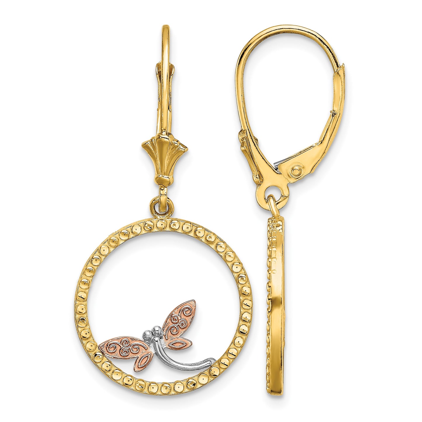 14K Two-Tone and White Rhodium Diamond-cut Dragonfly in Circle Leverback Earrings