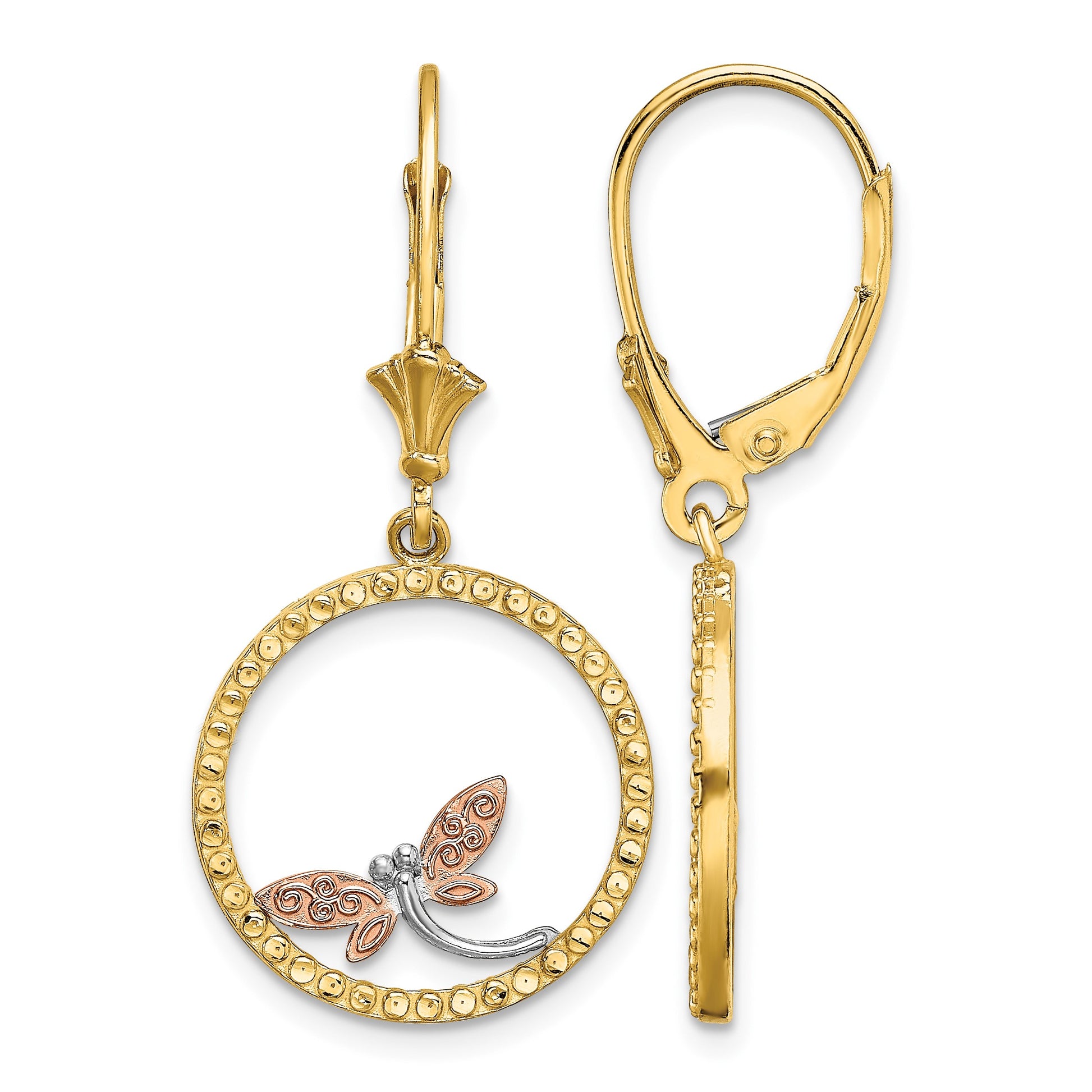 14K Two-Tone and White Rhodium Diamond-cut Dragonfly in Circle Leverback Earrings