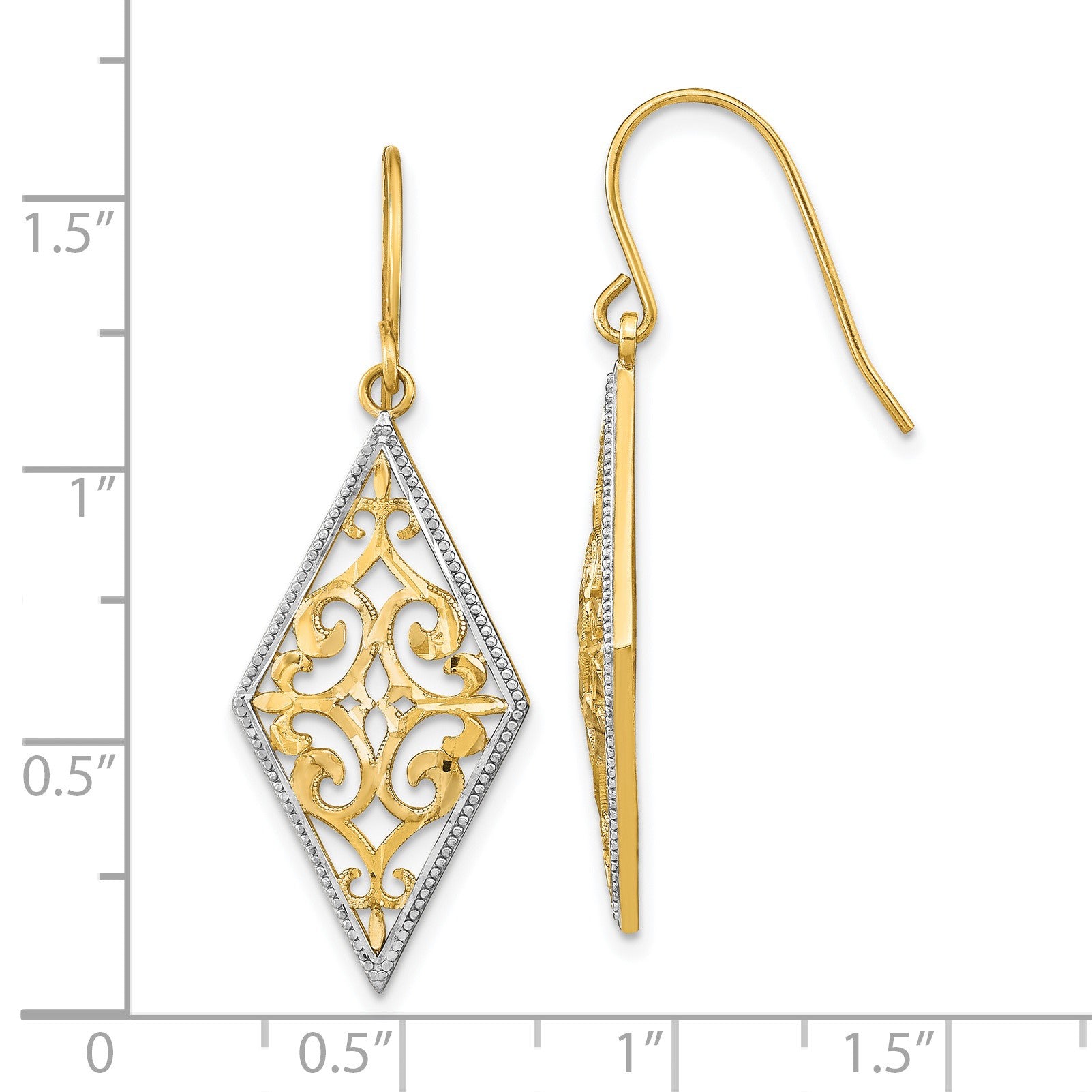 14K and White Rhodium Diamond-Shape Filigree Dangle French Hook Earrings