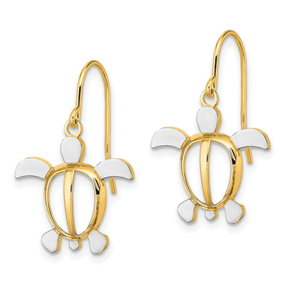 14K and White Rhodium Sea Turtle Dangle French Hook Earrings