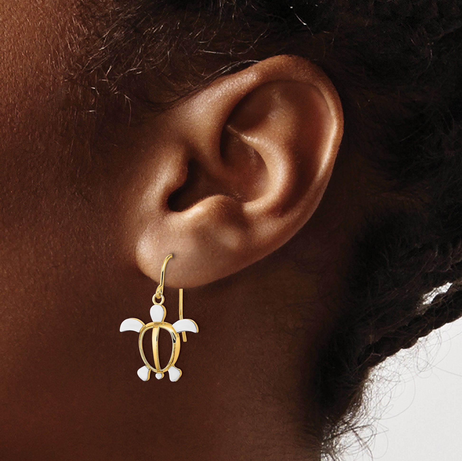 14K and White Rhodium Sea Turtle Dangle French Hook Earrings