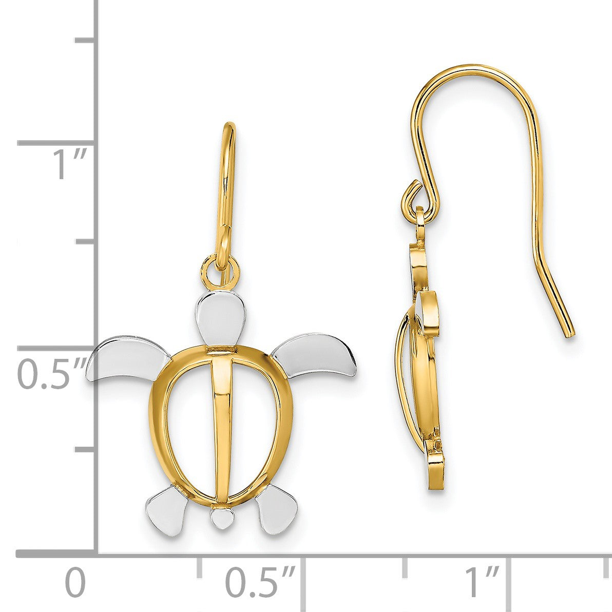 14K and White Rhodium Sea Turtle Dangle French Hook Earrings