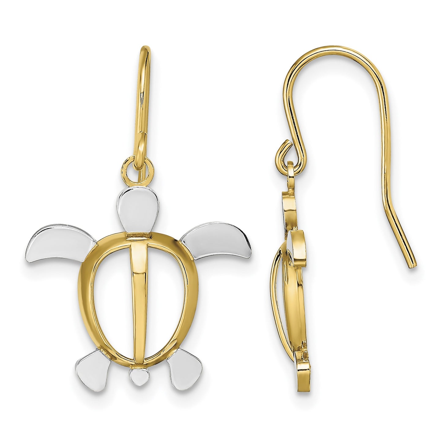 14K and White Rhodium Sea Turtle Dangle French Hook Earrings