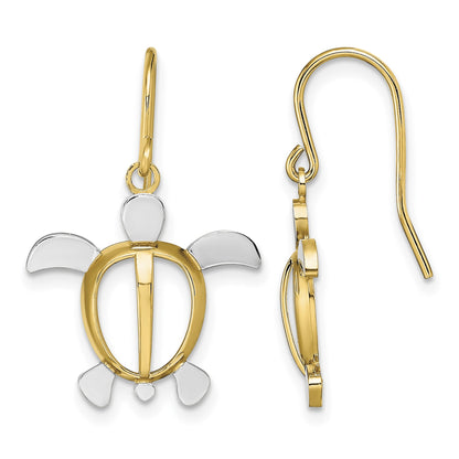 14K and White Rhodium Sea Turtle Dangle French Hook Earrings