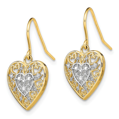 14K and White Rhodium Polished Filigree Hearts French Hook Earrings