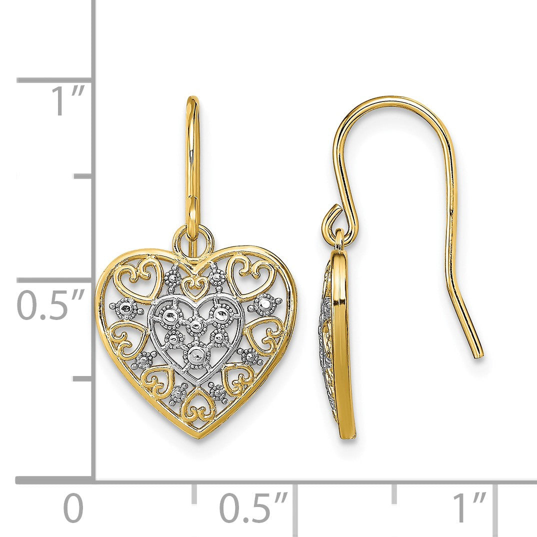 14K and White Rhodium Polished Filigree Hearts French Hook Earrings