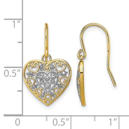 14K and White Rhodium Polished Filigree Hearts French Hook Earrings