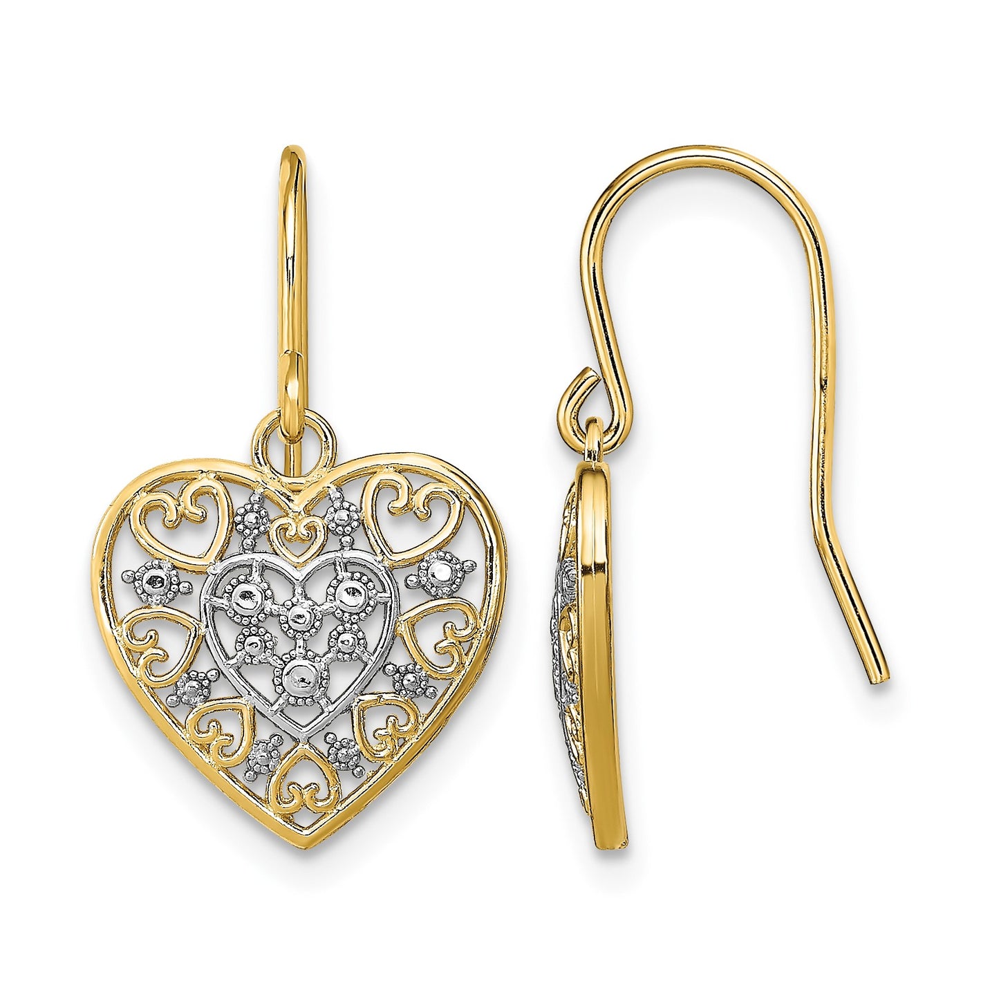 14K and White Rhodium Polished Filigree Hearts French Hook Earrings