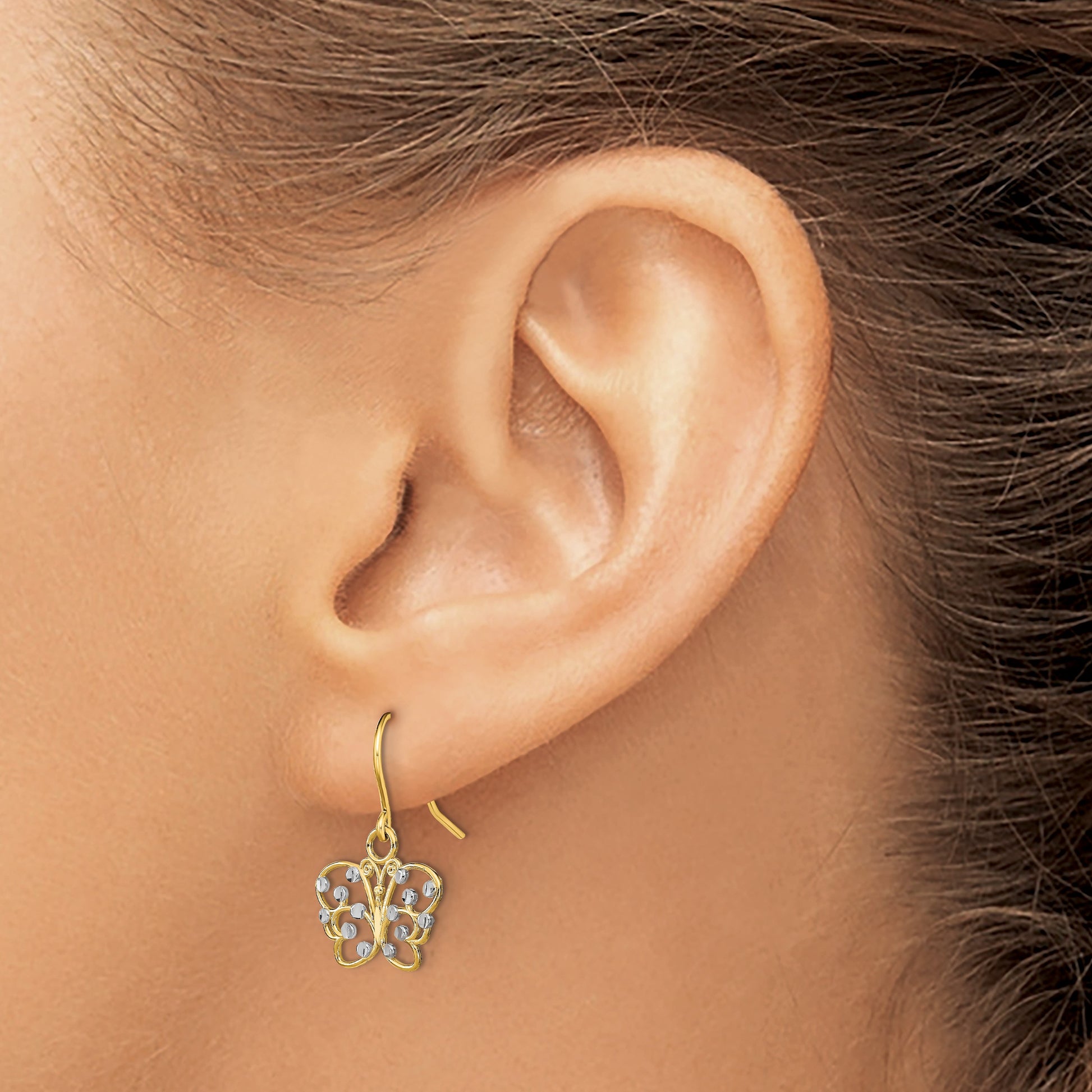 14K and White Rhodium Diamond-cut Filigree Butterfly French Hook Earrings