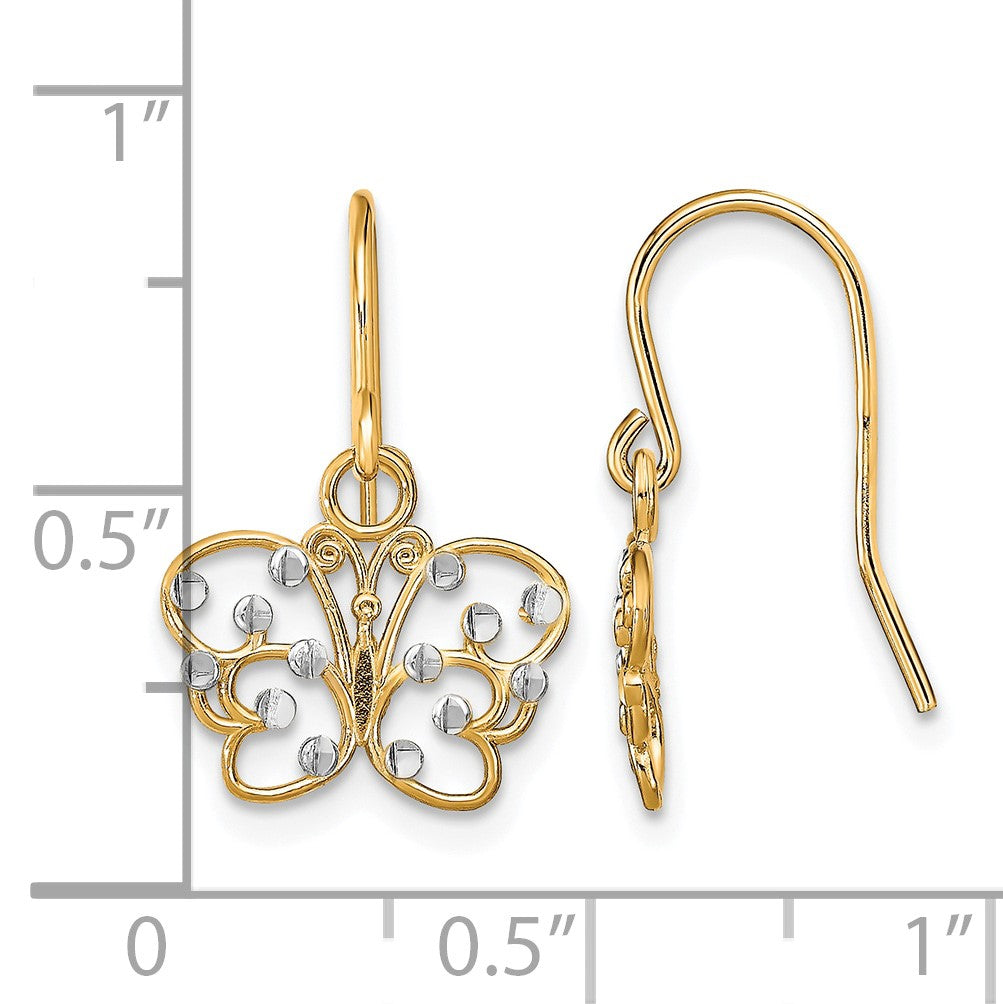 14K and White Rhodium Diamond-cut Filigree Butterfly French Hook Earrings