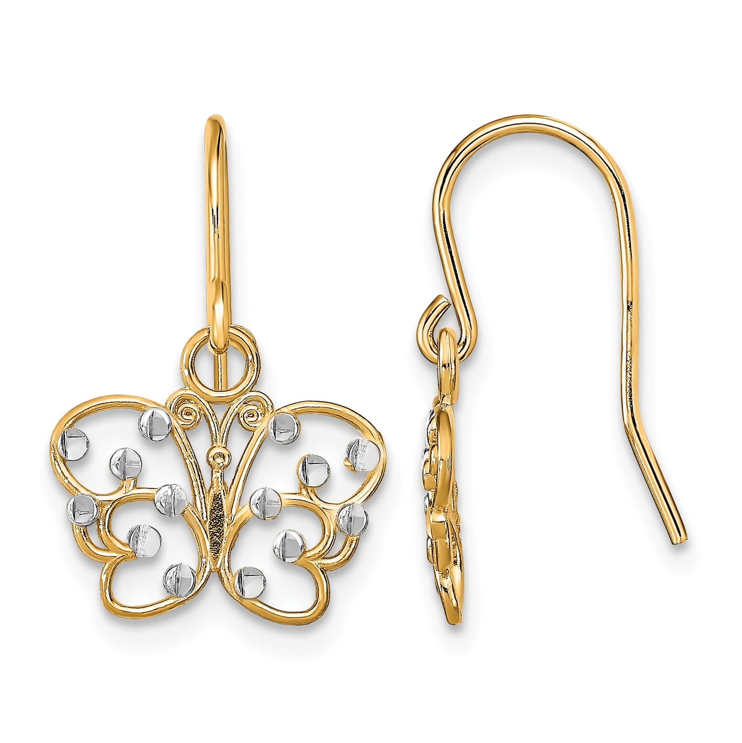 14K and White Rhodium Diamond-cut Filigree Butterfly French Hook Earrings