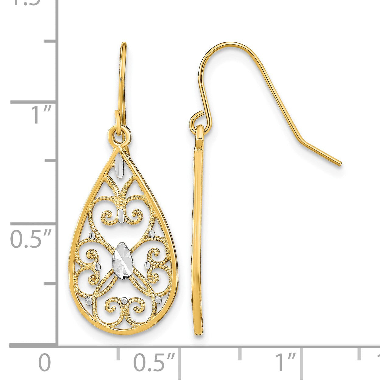 14K and White Rhodium Diamond-cut Filigree Teardrop Dangle French Hook Earrings