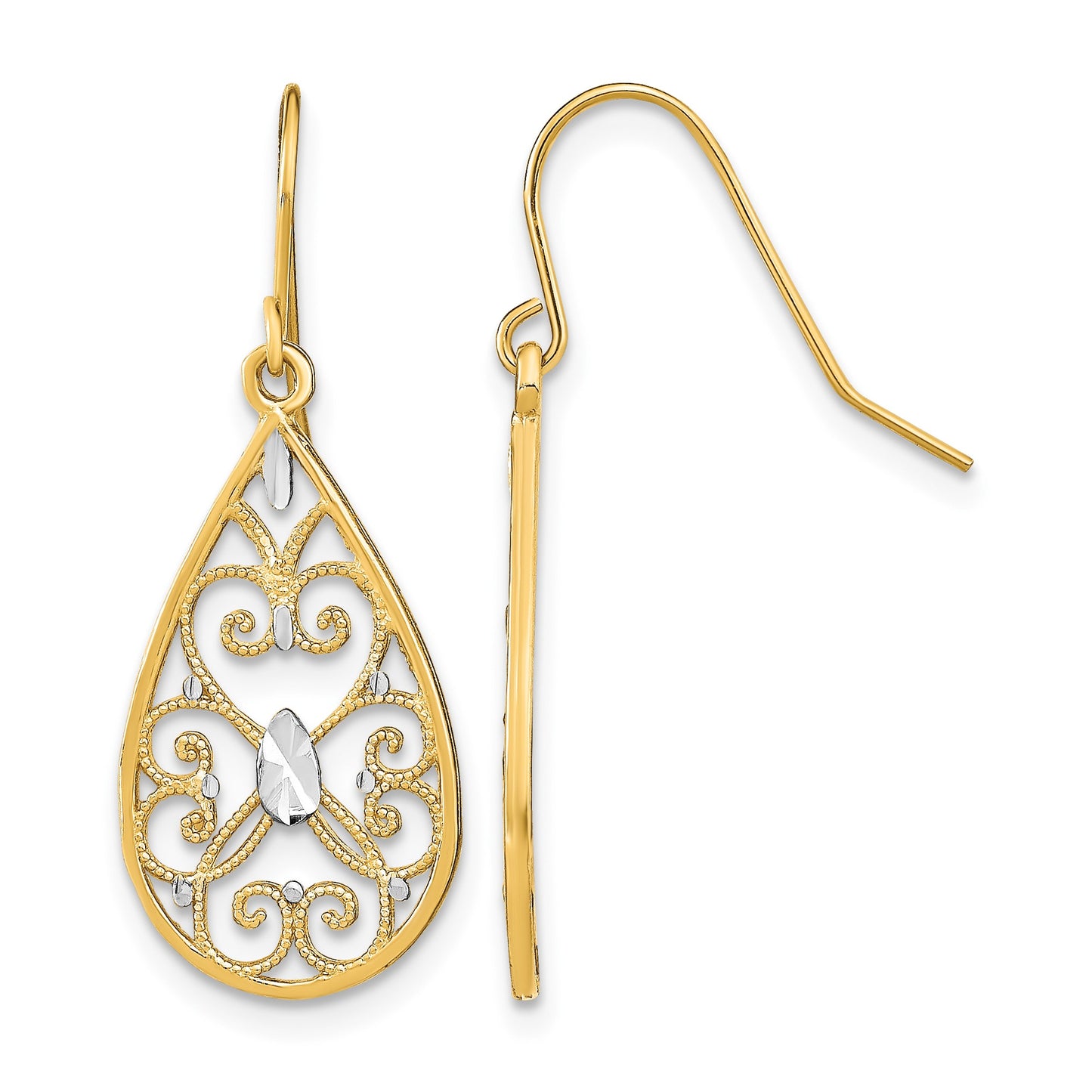 14K and White Rhodium Diamond-cut Filigree Teardrop Dangle French Hook Earrings
