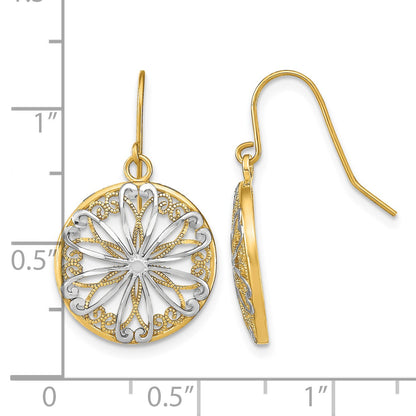 14K and White Rhodium Filigree Medallion Dangle French Hook Earrings