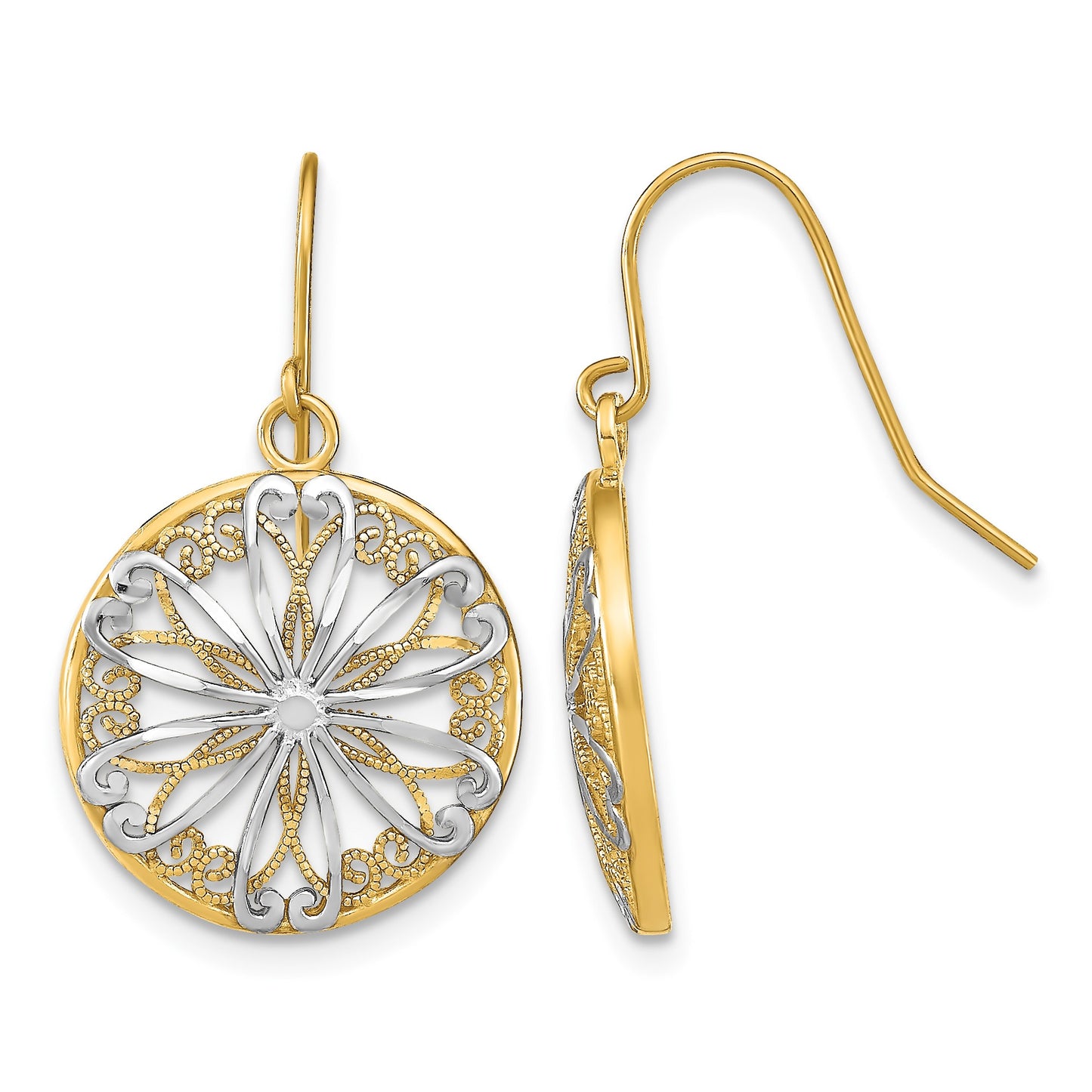 14K and White Rhodium Filigree Medallion Dangle French Hook Earrings