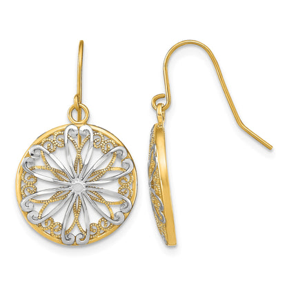 14K and White Rhodium Filigree Medallion Dangle French Hook Earrings