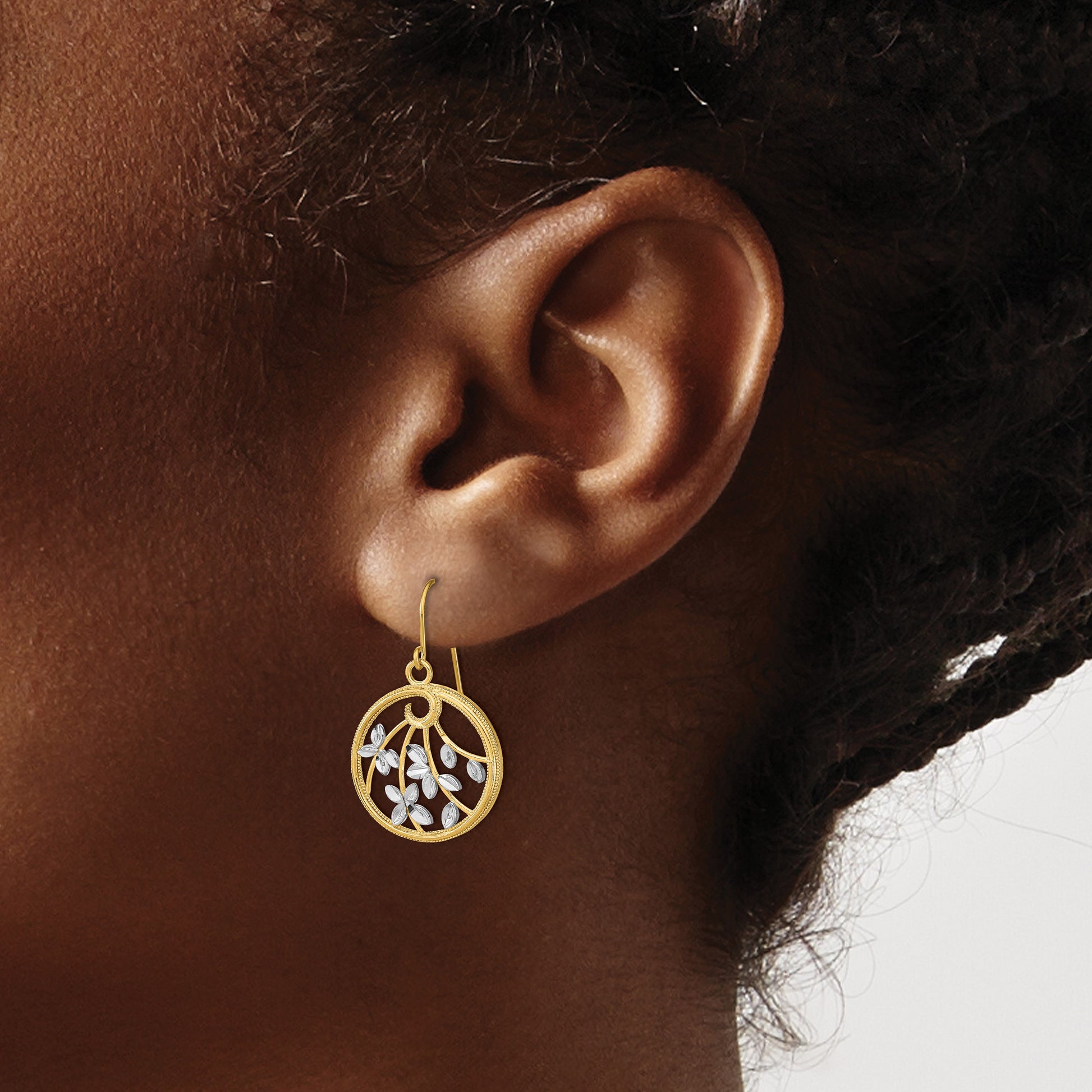 14K and White Rhodium Diamond-cut Leaves in Circle Dangle French Hook Earrings
