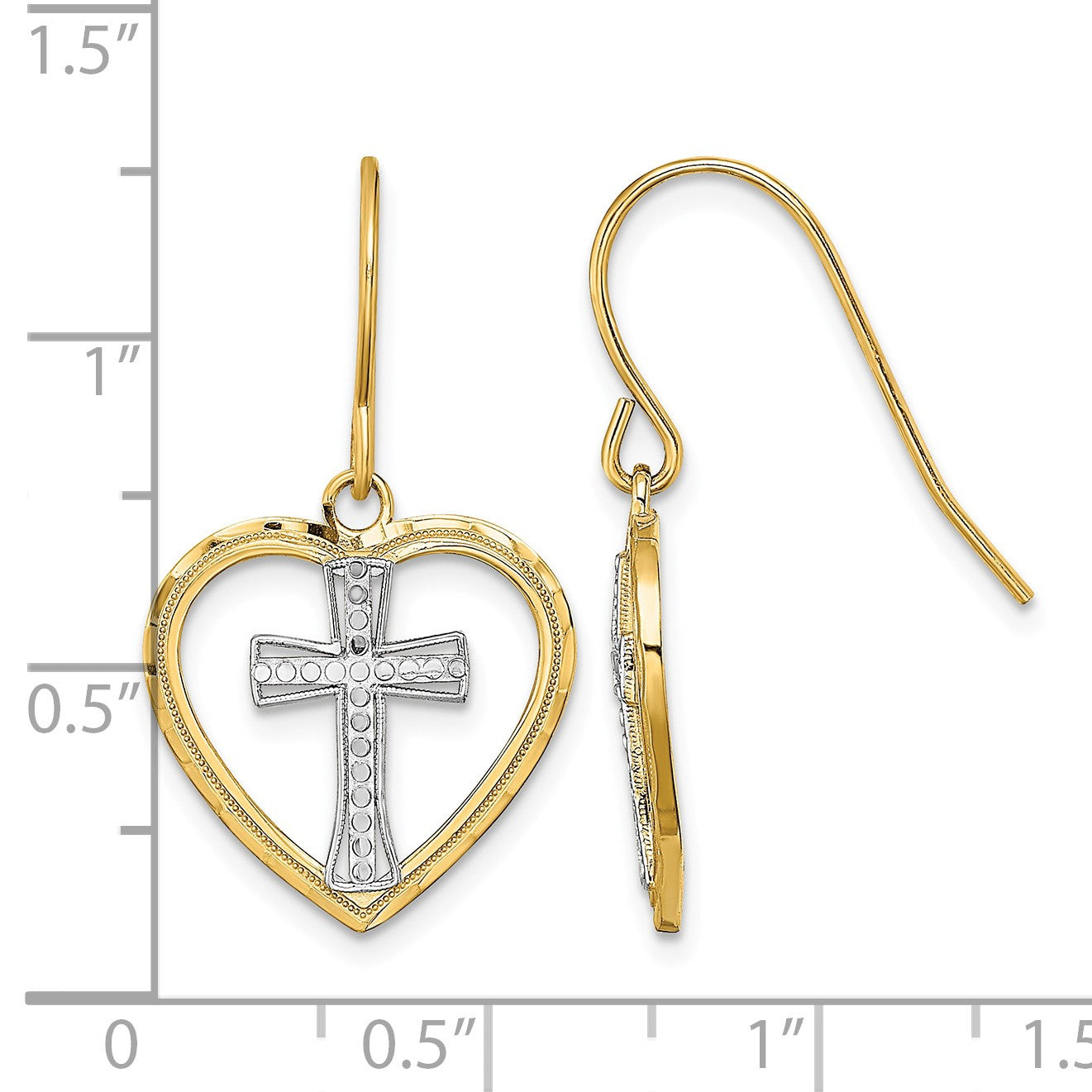 14K and White Rhodium Cross In Center Heart Dangle French Hook Earrings