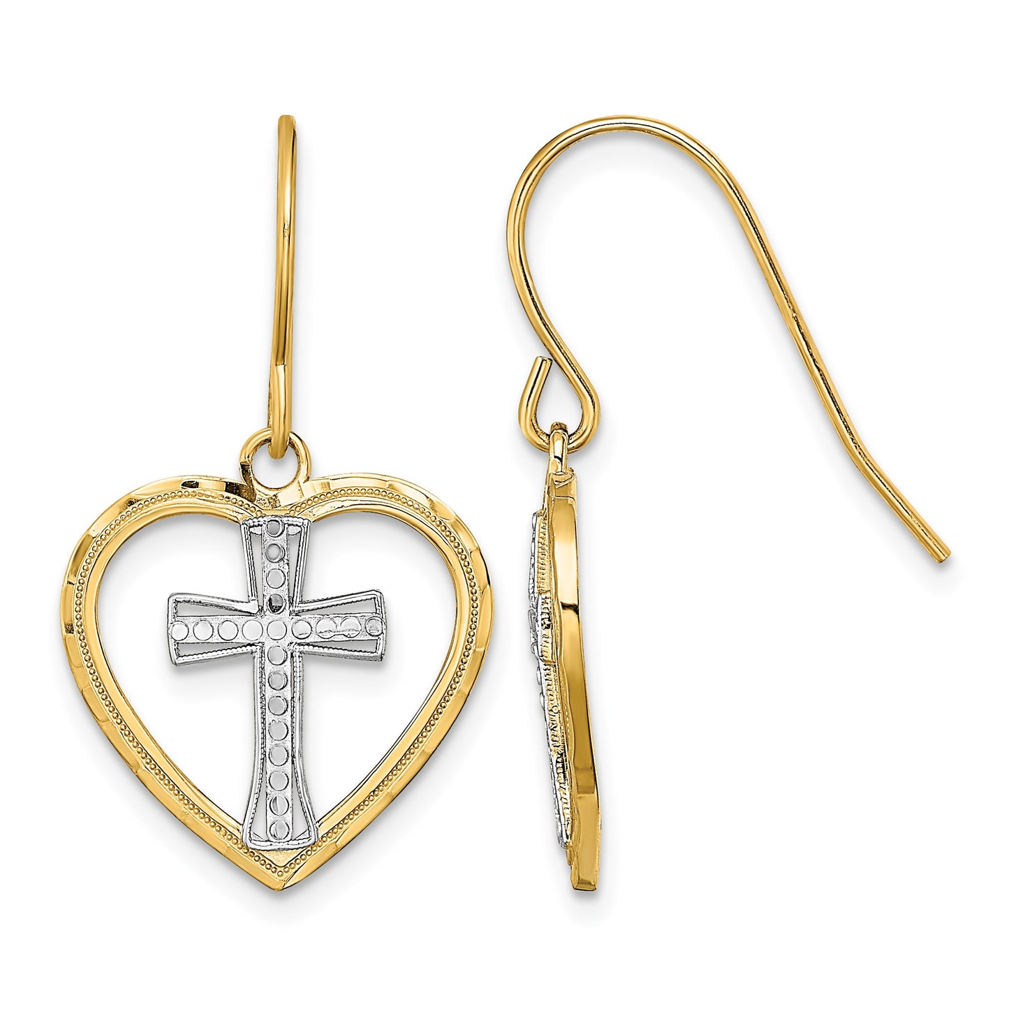 14K and White Rhodium Cross In Center Heart Dangle French Hook Earrings
