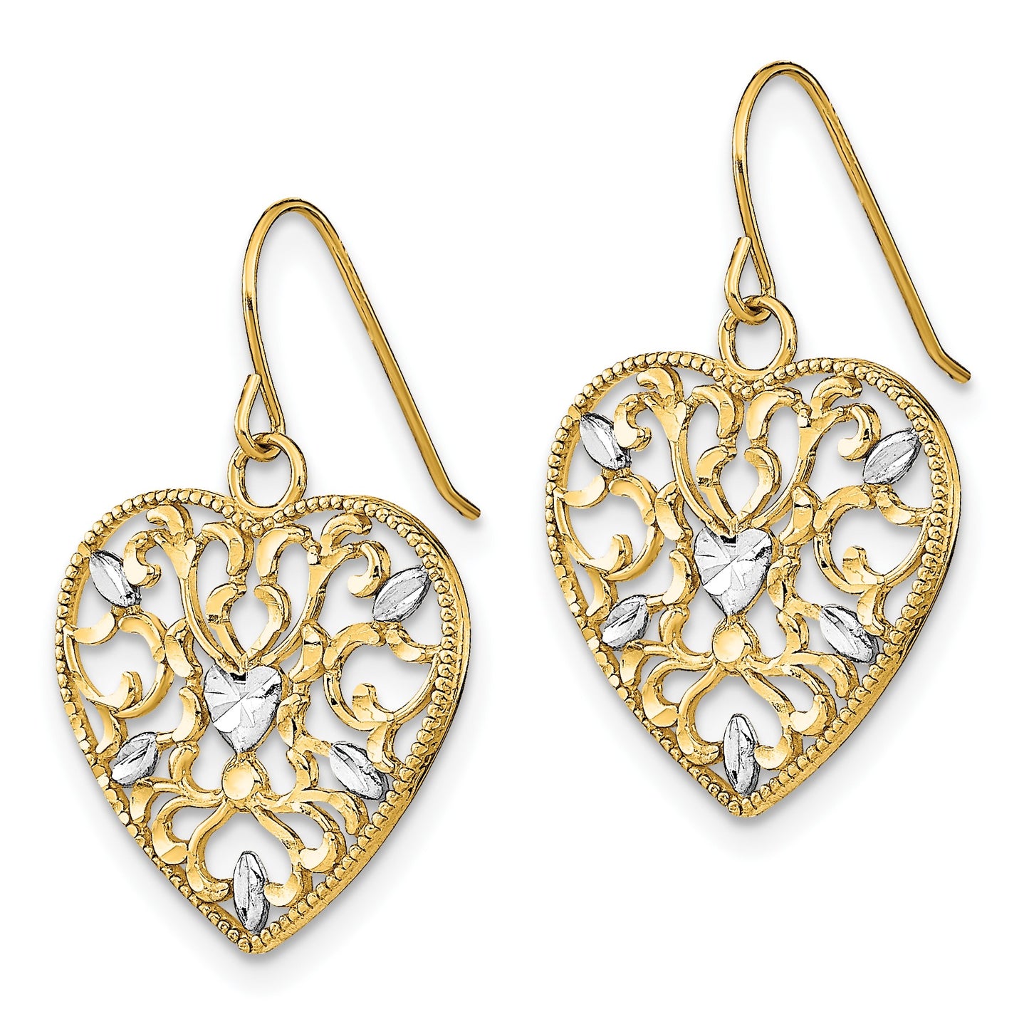 14k and White Rhodium Filigree Cut-Out Heart French Hook Earrings