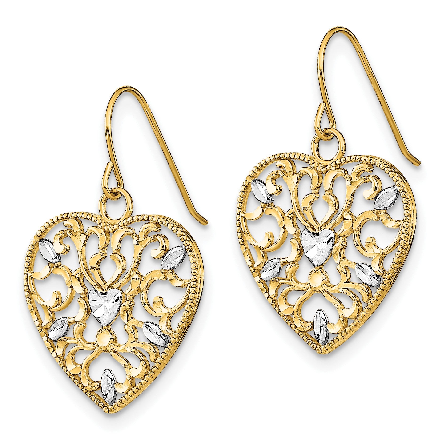 14k and White Rhodium Filigree Cut-Out Heart French Hook Earrings